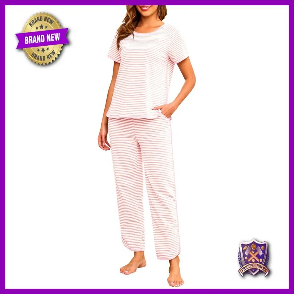 Cotton Pajama Set with Pockets, Short Sleeve, Striped, XX-Large